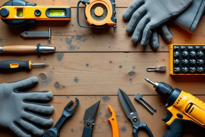 Vue du dessus d'outils de bricolage essentiels disposés sur un établi en bois usé