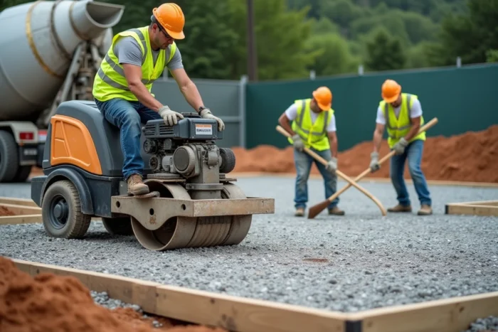 Ouvriers en gilets de sécurité posant et compactant une sous-couche de gravier pour la construction d'un court de tennis