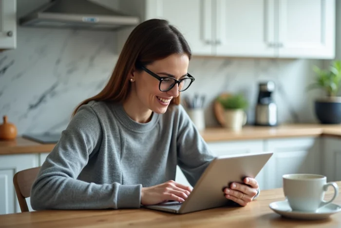 Mère de famille consultant l'espace élèves et familles IENT sur une tablette dans la cuisine
