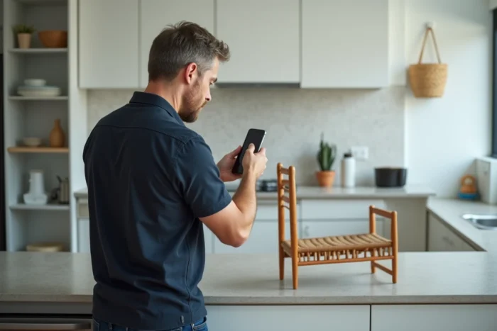 Particulier prenant en photo un meuble d'occasion avec son smartphone pour une annonce en ligne