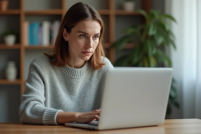 Femme concentrée qui tente de résoudre un problème de connexion sur son ordinateur portable depuis son bureau à domicile