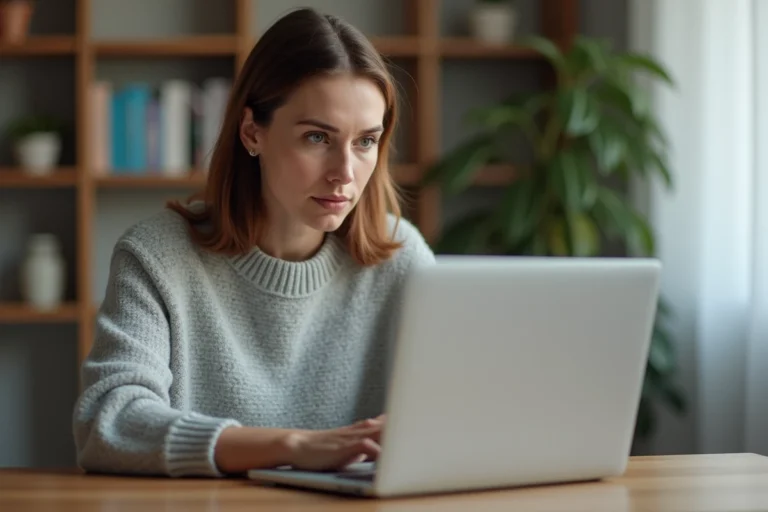 Femme concentrée qui tente de résoudre un problème de connexion sur son ordinateur portable depuis son bureau à domicile
