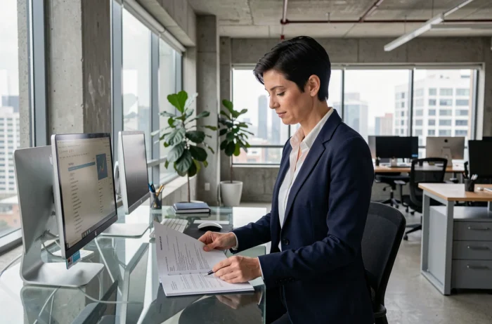 Professionnelle en blazer marine analysant des documents dans un bureau technologique moderne avec moniteurs et décor minimaliste