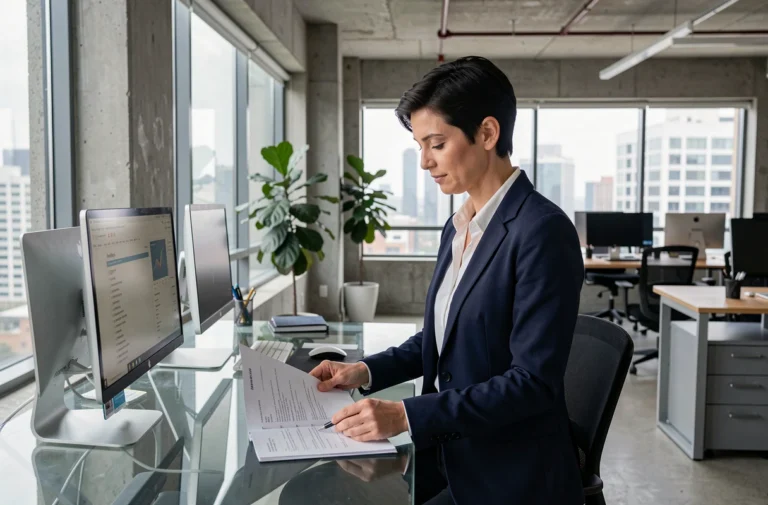 Professionnelle en blazer marine analysant des documents dans un bureau technologique moderne avec moniteurs et décor minimaliste