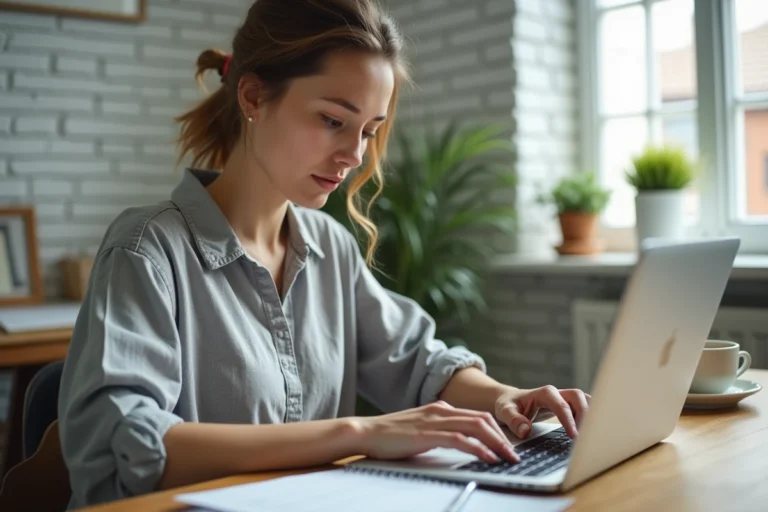 Femme publiant une annonce en ligne depuis son bureau à domicile avec un ordinateur portable