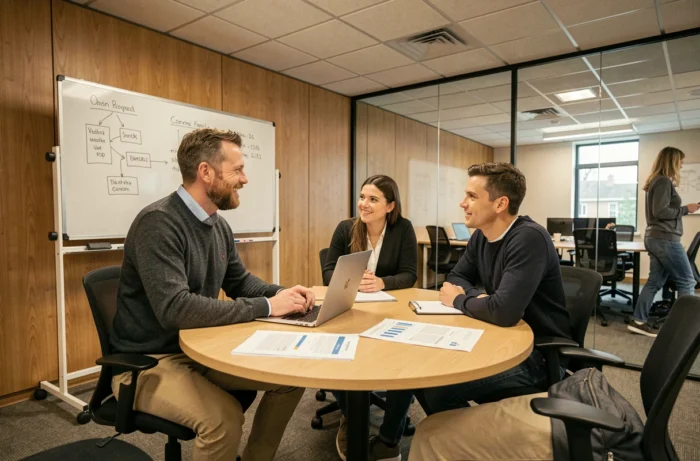 Équipe de professionnels en réunion dans un espace de co-working moderne discutant de rapports et d'innovations numériques