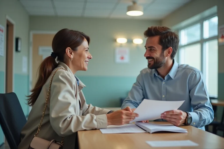Femme d'âge moyen recevant des documents à la reception