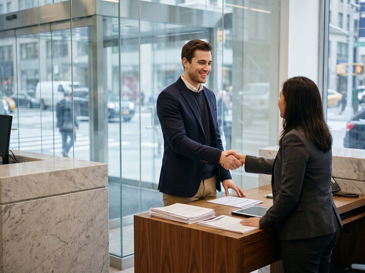 Homme et conseiller bancaire se serrant la main dans une agence
