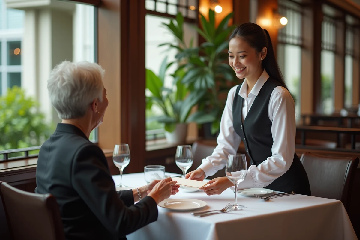 Jeune serveuse souriante recevant un pourboire d