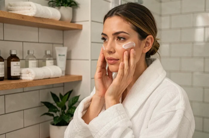 Femme appliquant une crème hydratante sur son visage dans une salle de bain épurée, routine beauté quotidienne