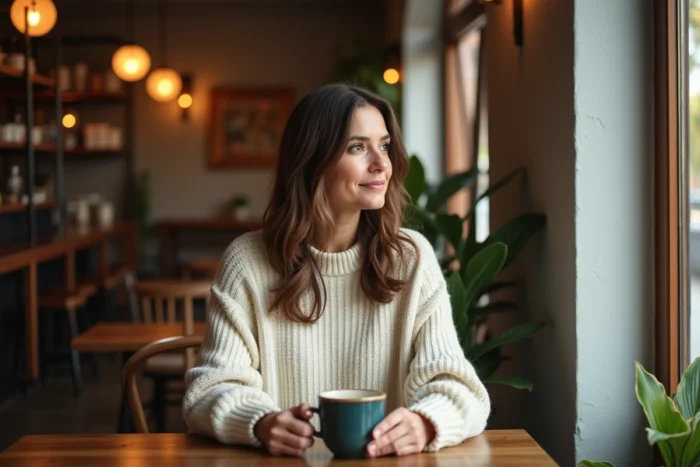 Femme célèbre détendue dans un café de Beverly Hills tenant une tasse de café dans un cadre chaleureux et intimiste