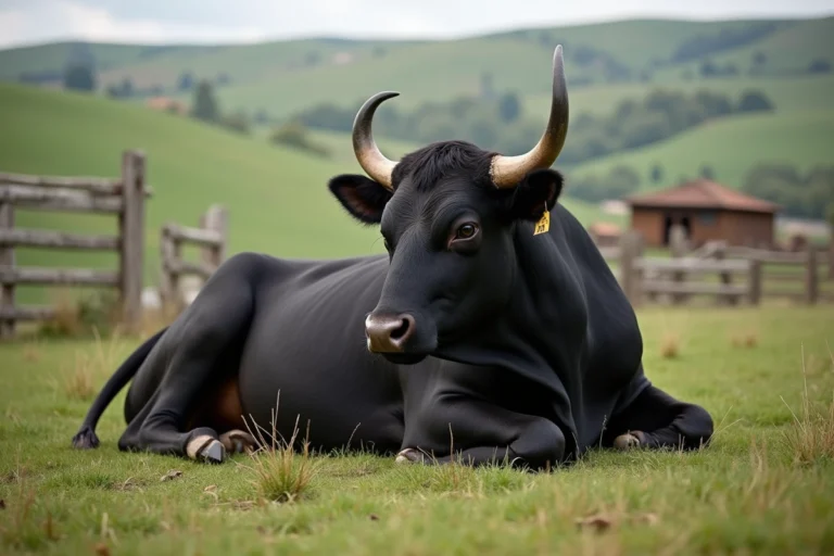 Taureau noir espagnol reposant dans un pré rural