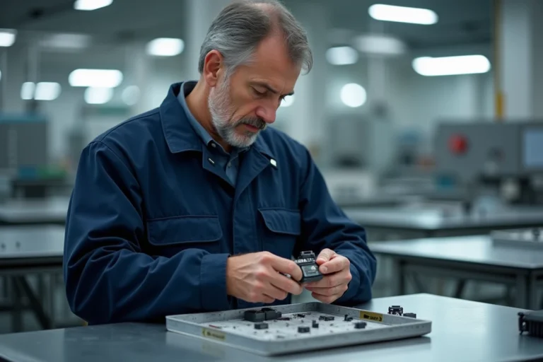 Technicien en uniforme assemble un dispositif électronique