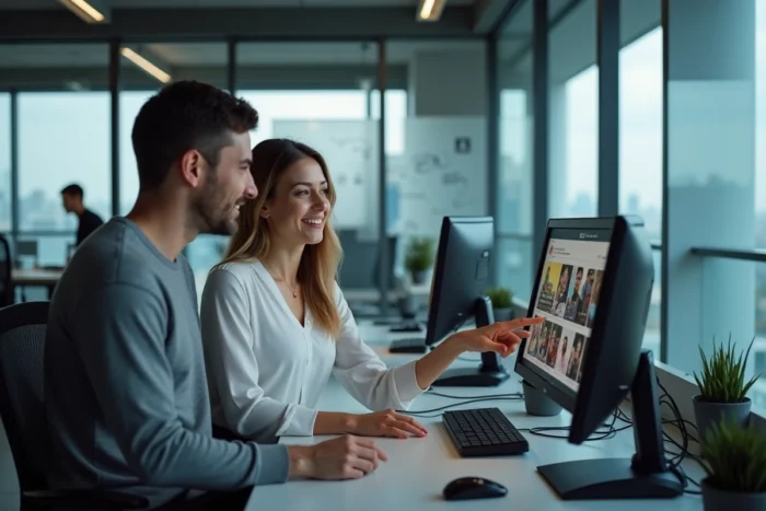 Deux collègues analysant ensemble les dernières tendances et actualités du web sur un écran dans un bureau moderne