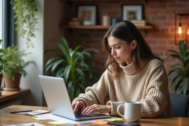 Jeune femme consultant les dernières tendances du web sur son ordinateur portable dans un bureau moderne et cosy