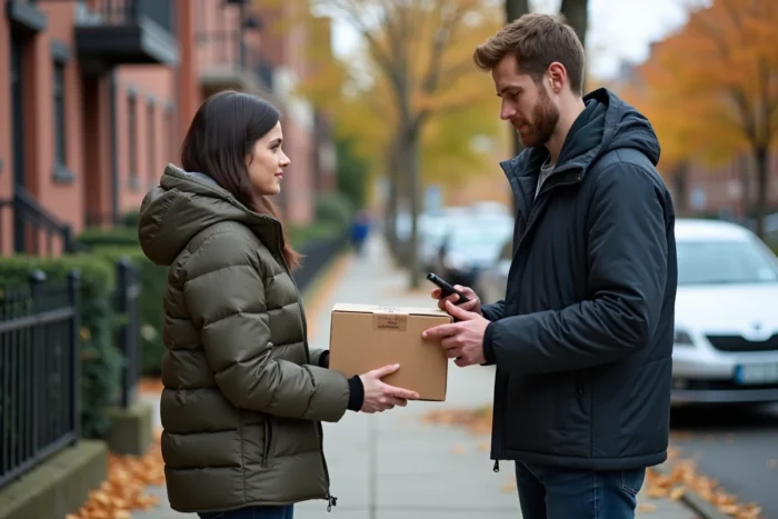 Deux particuliers finalisant une transaction suite à une annonce en ligne dans une rue urbaine