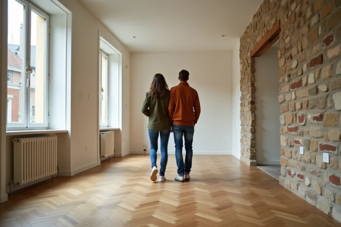 Couple visitant un appartement à louer dans une ville moyenne avec parquet et pierre apparente